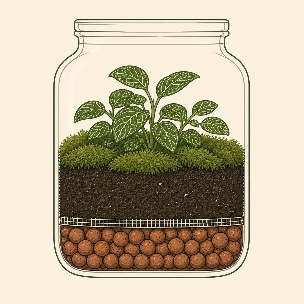 Illustration of a Lumoss terrarium jar showing its LECA drainage layer, mesh divider, soil and moss with fittonia on top